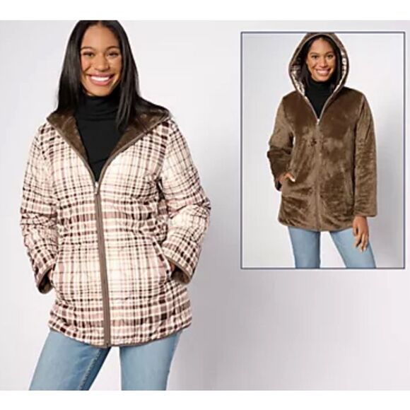 Susan Graver 2X Reversible Quilted  Hooded Plush Fleece Jacket Taupe NWOT - Picture 1 of 9